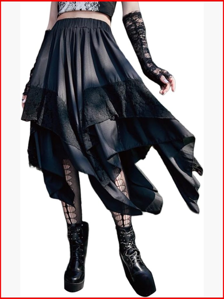 Gothic Punk Y2k Lace Midi Skirt Asymmetrical A-Line High Waist Stretch